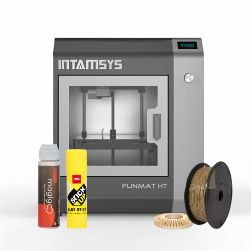 Intamsys HT 3D Printer shown with PEEK 3D printing material, Magigoo Adhesive and DELI PVP Glue